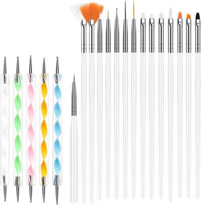 Set van 15 Professionele Nagelkwasten en 5 Dotted Tools voor Nail Art en Acrylontwerpen, Perfect voor DIY en Salongebruik