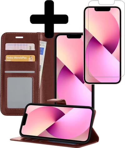 Hoesje - Met Screenprotector - Geschikt voor Apple iPhone 13 - Luxe Pasjeshouder - Bookcase Portemonee - Flip Case - Kunstleer Book Case - Flipcase - Book Cover - Walletcase - Portemonneehoes - Telefoonhoesjes - Bruin