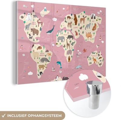 ® Glasschilderij 120x80 cm - Schilderij acrylglas - Wereldkaart kinderen - Dieren - Aarde - Jongens - Meiden - Roze - Foto op glas - Muurdecoratie woonkamer - Wanddecoratie slaapkamer - Schilderijen