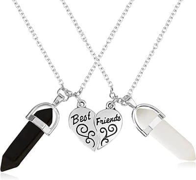 Bixorp Friends BFF Ketting voor 2 met Edelstenen & Hartje -  Onyx & Bergkristal Zilverkleurig Koord Vriendschapsketting - Twee Helften Best Friends - Voor Meisjes - Best Friends Ketting Vriendschap Cadeau voor Twee