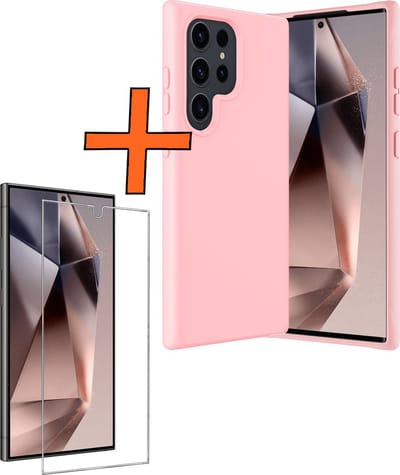 Hoes - Met Screenprotector - Geschikt voor Samsung Galaxy S24 Ultra - Sterk & Shockproof - Back Cover - Siliconen Case - Telefoon Hoes - Lichtroze