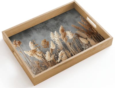Dienblad hout 40x30 cm - Schootdienblad - Gedroogde Veldbloemen - Grijs - Beton - Borrelplank rechthoek - Plateau dienbladen
