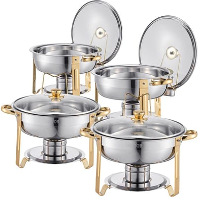 Set de 4 plats à réchaud ronds 5 pintes pour buffet, plat pleine grandeur en acier inoxydable