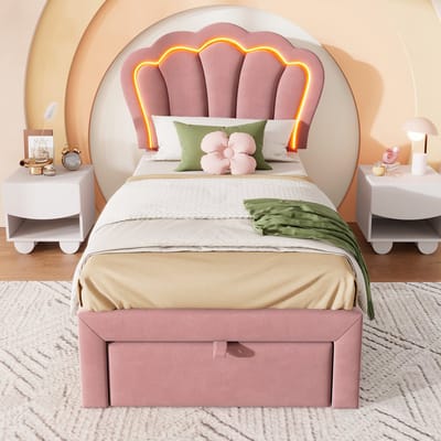 Gutent Eenpersoons Kinderbed, Roze (Zonder matras), 90 x 200 cm, met laden, LED-verlichting, Lattenbodem, verstelbaar hoofdeinde, Junior bed velours
