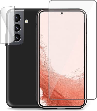 Hoesje geschikt voor Samsung S22 + Screenprotector + Camera Cover - Tempered Glass - Liquid Back Case Cover Zwart