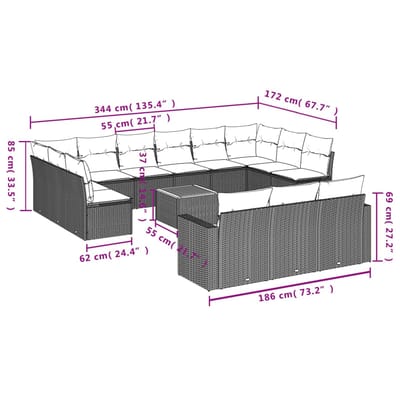 vidaXL - 14-delige - Loungeset - met - kussens - poly - rattan - beige