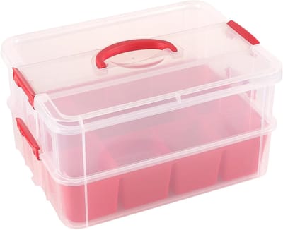Grote Opbergdoos met Deksel, 35 x 27 x 20 cm, Dubbele Laag, Transparant Rood, Handvat en Compartimenten, Perfect voor Knutselmateriaal en Naaibenodigdheden