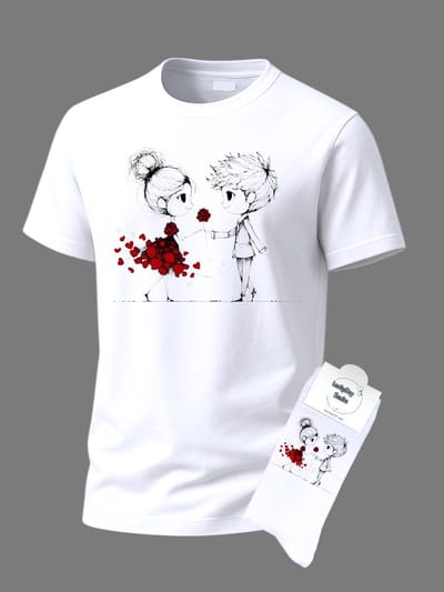 Valentijnscadeau - Valentijn cadeau - Giftset - Tekening stel roosjes jurk - Shirt - T-shirt Liefde - Cadeau set shirt met sokken - Grappig cadeau voor vrouw en man - Valentijnsdag - T-shirt voor dames en heren met tekst - Maat S