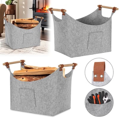 2x Houtmand vilt - opvouwbare Haardhout Mand - Houtmand voor binnen - 5 mm dik vilt - houten mand voor haardhout voor boodschappen, hout, krant of brandhout - Lichtgrijs