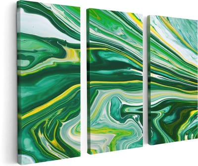 Artaza Canvas Schilderij Drieluik Abstracte Kunst - Groen met Gele Verf - 120x80 - Foto Op Canvas - Canvas Print