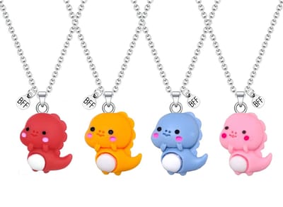 Bixorp Friends BFF Ketting voor 4 met Schattige Dino - Rood, Blauw, Oranje & Roze - Dinosaurus met ei - 45cm + 5cm verstelbaar
