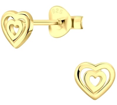 Joy|S - Zilveren hartjes oorbellen - hartje in hartje - 6 mm - massief - gold plated - goudkleur