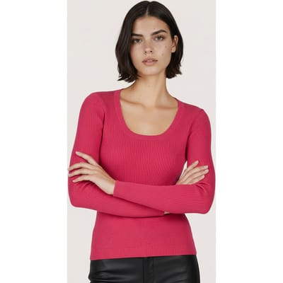 EsQualo Sweater Deep Round Neck Rib Fuchsia Maat: XS | Sweaters Outlet | Dames | Roze