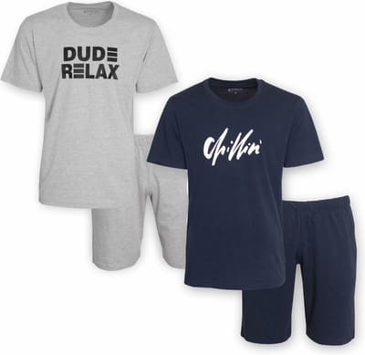 Aprox Heren Shortama - Pyjama Set - Duo-Pack - Grijs & Donker Blauw - Maat XXL