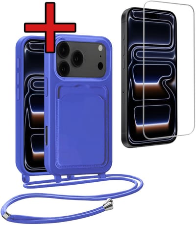 Hoesje Geschikt voor iPhone 17 Pro / 18 Pro Hoesje Met Telefoonkoord en Pasjeshouder Met Screenprotector Siliconen - Hoes Geschikt voor iPhone 17 Pro / 18 Pro Hoesje Met Kaarthouder Case - Felblauw