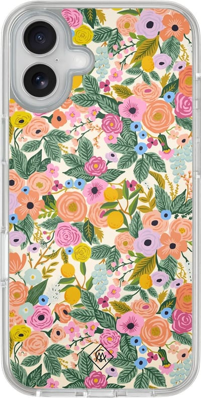 Casimoda® hoesje - Geschikt voor iPhone 16 - Pink Gardens - 2-in-1 case - Schokbestendig - Bloemen - Verhoogde randen - Roze, Transparant