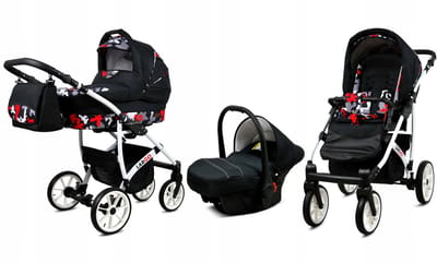 BabyLux® Kinderwagen 3in1 – LARGO - BLACK MORO WHITE FRAME - Opklapbare Wandelwagen incl. Reiswieg, Multifunctionele Buggy Sportstoel, Autostoel - Combi-kinderwagen met Luiertas, Regenhoes, Klamboe, Bekerhouder, etc.