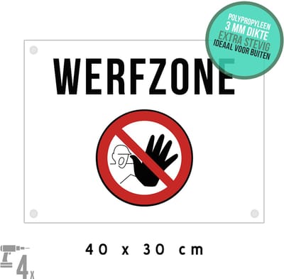 Pictogram/ bord + boorgaten | "Werfzone" | 40 x 30 cm | Werf | Bouwwerk | Geen toegang | Bewaking | Bouwplaats | Beveiliging | 1 stuk