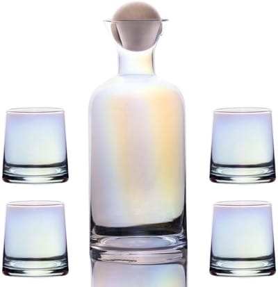 Intirilife Karaf met 4 glazen Set gemaakt van glas met Regenboogglans - Karaf 1.1 liter - Glazen 200 ml - Geschenkset, kan met baldeksel, voor warme en koude dranken