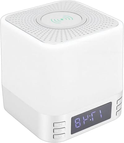Klokluidspreker Draadloze Oplader - Digitale Wekker Nachtlampje - Ontspannen Slapen - 15W Snel Opladen - 7 Kleuren LED - Zilver