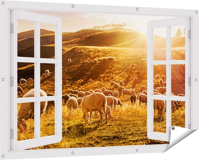 Gards Tuinposter Doorkijk Schapen in de Heuvels bij Zonsondergang - 150x100 cm - Tuindoek - Tuindecoratie - Wanddecoratie buiten - Tuinschilderij