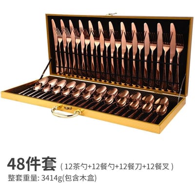 Luxe léger couteau en acier inoxydable fourchette et cuillère 48 pièces cadeau coffret en bois doré hôtel vaisselle de style occidental