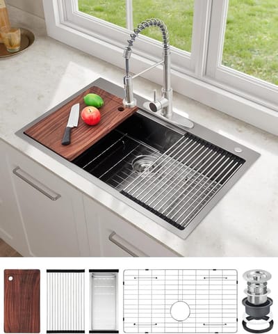 Roestvrijstalen keukenspoelbak 76x46x23 cm | Enkele spoelbak met afvoerset, hittebestendige siliconen mat 35x30 cm & uittrekbare kraan