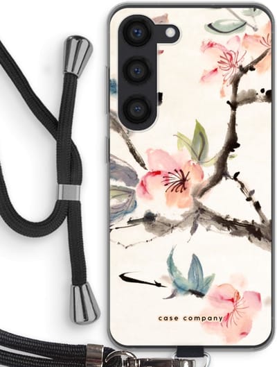 Case Company® - Hoesje met koord geschikt voor Samsung Galaxy S23 hoesje met Koord - Japanse bloemen - Telefoonhoesje met Zwart Koord - Bescherming aan alle Kanten en Over de Schermrand