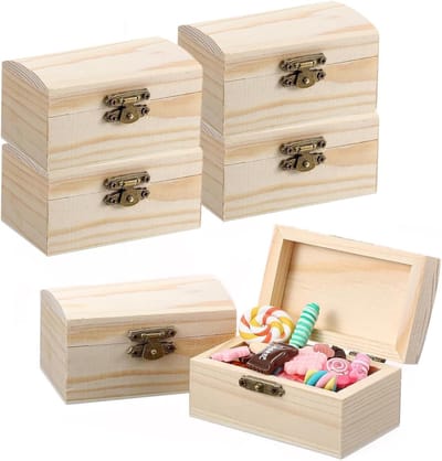 Kleine Houten Schatkist, Rectangulaire Mini Schatkist voor Opslag en Decoratie, Set van 6, Perfect voor Knutselen en Cadeaus