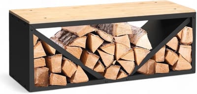 Brandhoutrek met zitbank - Opslagrek Haardhout - Haardhout Opbergen - Stabiel Metaalontwerp - 102 cm Breed - Zwart