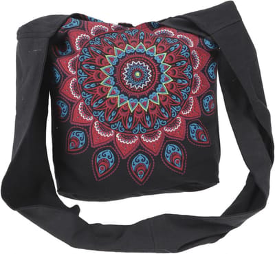 Geborduurde boho-schoudertas met mandala - zwart/turquoise, katoen, alternatieve handtas