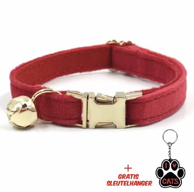 SilverAndCoco® - Rode Katten Halsband met Bel met Gratis Sleutelhanger | Velvet Kat Kitten Bandje met belletje | Kattenhalsband Suède Gouden | Kleding Decoratie | Kattenbandje Huisdier - Rood / Goud