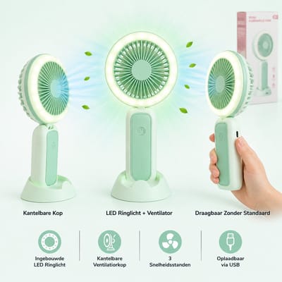 Litalife Handventilator - Opvouwbaar - USB-C Oplaadbaar - Mintgroen met Rondom Lampje