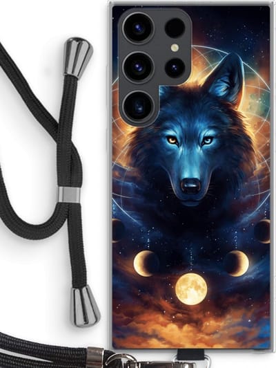 Case Company® - Hoesje met koord geschikt voor Samsung Galaxy S23 Ultra hoesje met Koord - Wolf Dreamcatcher - Telefoonhoesje met Zwart Koord - Bescherming aan alle Kanten en Over de Schermrand