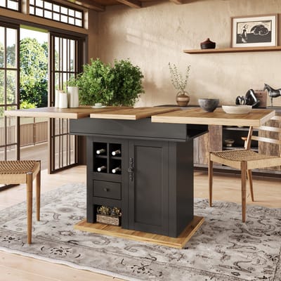 REDOM - Uitschuifbare Eettafel - Met Opbergruimte En Verstelbare Planken - Modern - MDF - Zwart En Naturel - 110-140 X 80 X 75 Cm