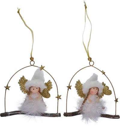 Viv! Christmas Kerstornament - Engeltjes van stof op schommel - 2 stuks - wit goud - 18cm