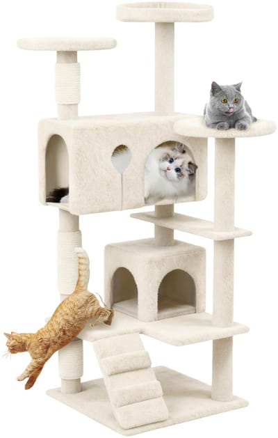 Grote krabpaal van 130 cm, zeer actieve krabpaal met sisalpalen, platforms, kattenhol en klimladder. Antislip klimpaal voor binnenkatten (K1254, beige) NAIZY