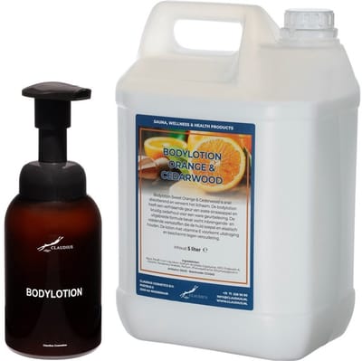 Zeepdispenser 300 ml amber bruin hervulbaar + 5 liter Bodylotion Orange & Cedarwood navulling