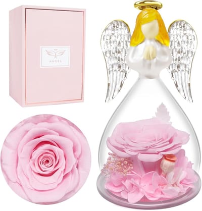Eeuwige Roos in Glas met Engelfiguur Cadeau voor Moederdag en Verjaardag