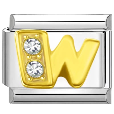 Quiges - Schakel - Bedel - 9mm - charms - Goud - Zirkonia - alfabet - letter W - Geschikt voor - armband - Schakelarmband - italy bedels armband