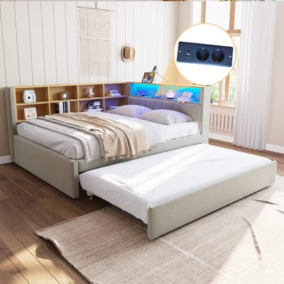 Sweiko Slaapbank - 140*200cm - met Uittrekbaar bed - LED verlichting + oplaadpoort + opbergvak - Flanel - Lichtgrijs