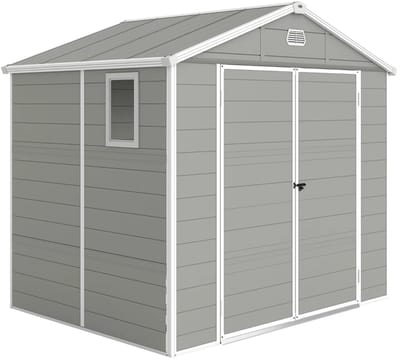 Tuinschuur - 240x190x180/228 cm - Tuinhuisje met Afsluitbare Deuren & Ventilatieopeningen - Gereedschapsschuur - Opslagruimte Tuin - Tuingereedschap Bewaren - Buitenschuren - Tuinberging - Fietsenberging - Tuinhuis - Lichtgrijs