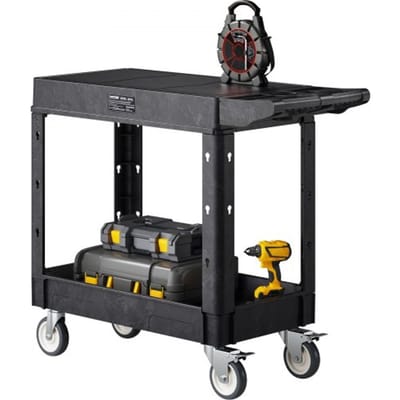 VEVOR Gereedschapswagen, draagvermogen 250 kg, werkplaatswagen, multifunctionele wagen van kunststof met twee schappen en 360° zwenkwielen (2 met remmen), geschikt voor magazijn, garage en schoonmaak, 1015x450x850 mm