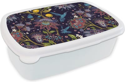 Broodtrommel Wit - Lunchbox - Brooddoos - Patronen - Vogel - Bloemen - 18x12x6 cm - Volwassenen
