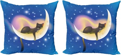 ABAKUHAUS Decoratieve kussenhoes met katmotief, 2 stuks, baby/kinderkat, 45x45 cm, blauw/geel