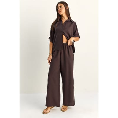 Hoge taille wijde been twee-delige co-ord set met overhemdkraag