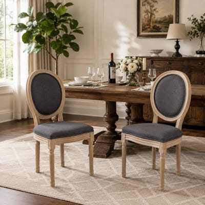 Eetkamerstoel - Set van 2 - Eetkamerstoelen - Eettafelstoel - Keukenstoel - Met rugleuning - Linnen - Franse stijl - Grijs