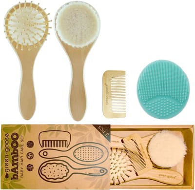 Baby Haar Verzorging Setje – 4-delige – Baby Houten Borstel + Massage Borstel + Kam + GRATIS Siliconen Shampoo Borstel – Baby Houten Borstel Setje – Baby Kraam Cadeau – Babyshower Eco Friendly Gift – Baby Wooden Brushes & Comb Gift Set