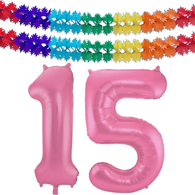 Folat Verjaardag Leeftijd folieballon - 15 jaar - roze - 86 cm - cijferballon groot - incl 2x feestslingers