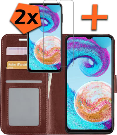 Hoes - Met 2x Screenprotector - Geschikt voor Samsung Galaxy A04s - Luxe Pasjeshouder - Bookcase Portemonee - Flip Case - Kunstleer Book Case - Flipcase Hoes - Book Cover - Walletcase - PortemonneeHoes - Bruin